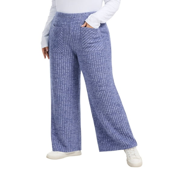 LANREMON Womens Plus Size Ribbed Loose Wide Leg Pants with Pockets Casual Lounge Pants High Waisted Palazzo Trousers