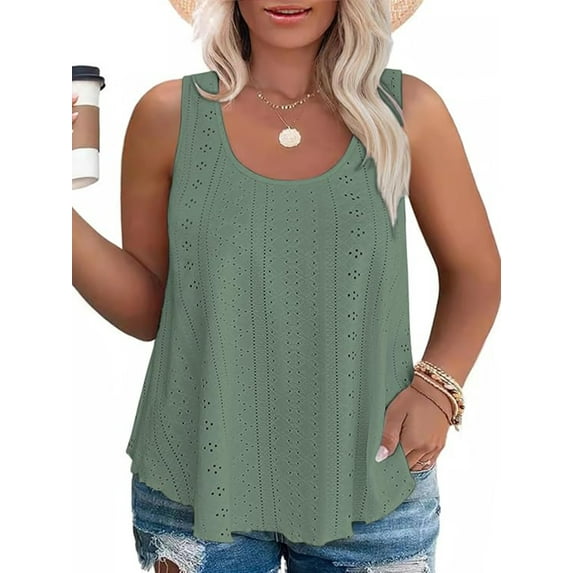 LANREMON Womens Plus Size Tank Tops Summer Camisoles for Women Green Eyelet Embrodery Scoop Neck Loose Fit Sleeveless Tops XL