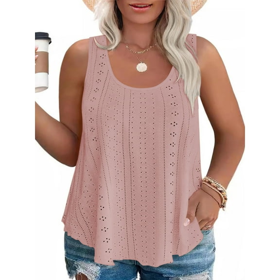 LANREMON Womens Plus Size Tank Tops Summer Sleeveless Tunic Tops Pink Scoop Neck Eyelet Embrodery Loose Fit Camisoles 2XL