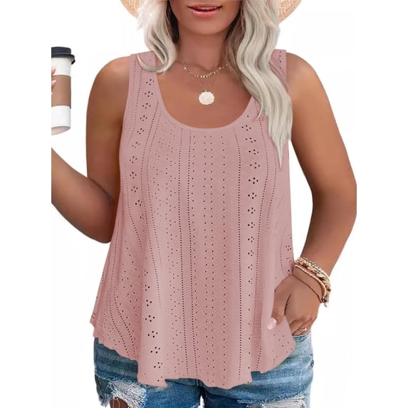 LANREMON Womens Plus Size Tank Tops Summer Sleeveless Tunic Tops Pink Scoop Neck Eyelet Embrodery Loose Fit Camisoles XL