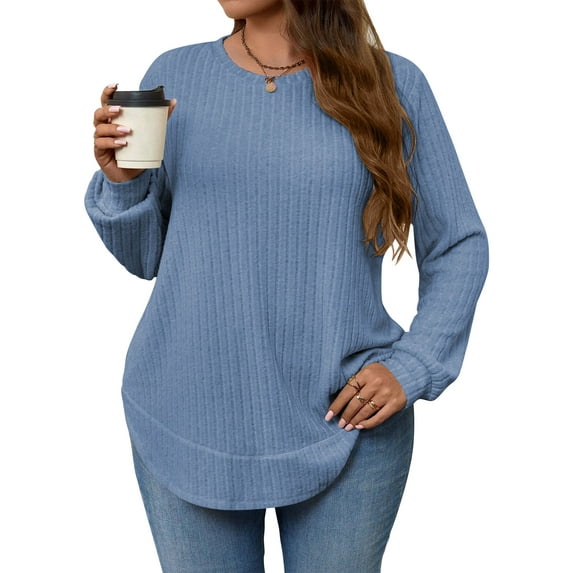 LANREMON Women's Plus Size Crewneck Long Sleeve Tops Casual Lightweight Fall Pullover Tunic Sweaters Shirts
