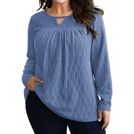 LANREMON Womens Plus Size Tops Long Sleeve Shirts V Neck Textured Keyhole Gathered Knit Tunic Loose Fall Blouses
