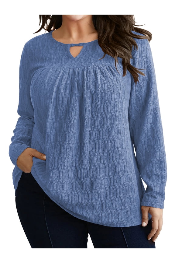 Womens Plus Size Tops Long Sleeve Shirts V Neck Textured Keyhole Gathered Knit Tunic Loose Fall Blouses