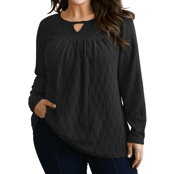 LANREMON Womens Plus Size Tops Long Sleeve Shirts V Neck Textured Keyhole Gathered Knit Tunic Loose Fall Blouses