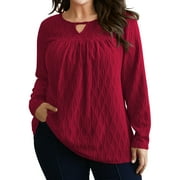 LANREMON Womens Plus Size Tops Long Sleeve Shirts V Neck Textured Keyhole Gathered Knit Tunic Loose Fall Blouses
