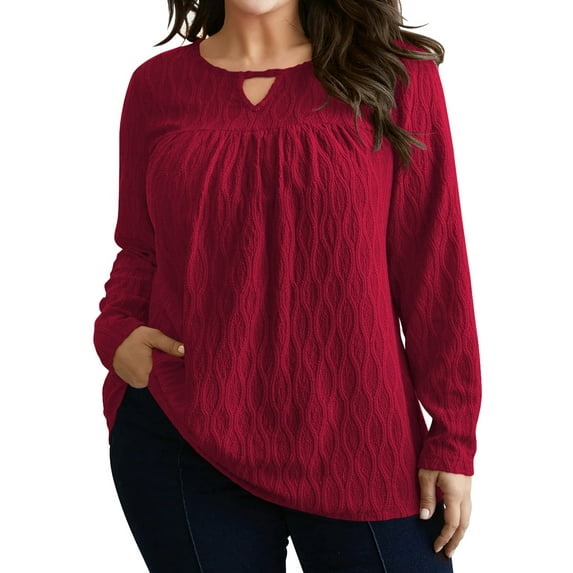 LANREMON Womens Plus Size Tops Long Sleeve Shirts V Neck Textured Keyhole Gathered Knit Tunic Loose Fall Blouses