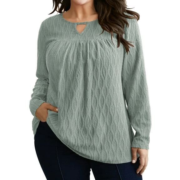 LANREMON Womens Plus Size Tops Long Sleeve Shirts V Neck Textured Keyhole Gathered Knit Tunic Loose Fall Blouses