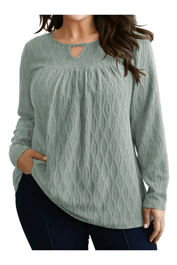 Womens Plus Size Tops Long Sleeve Shirts V Neck Textured Keyhole Gathered Knit Tunic Loose Fall Blouses