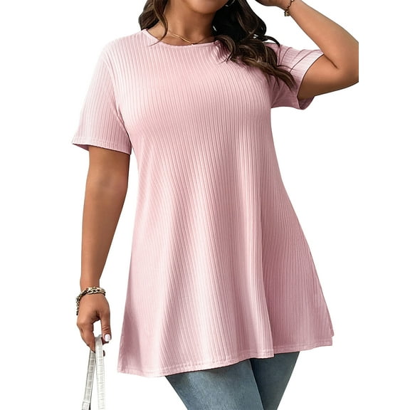 LANREMON Womens Plus Size Tops Summer Casual Tunic for Women Crew Neck Short Sleeve Oversized Loose T Shirts Blouse XL