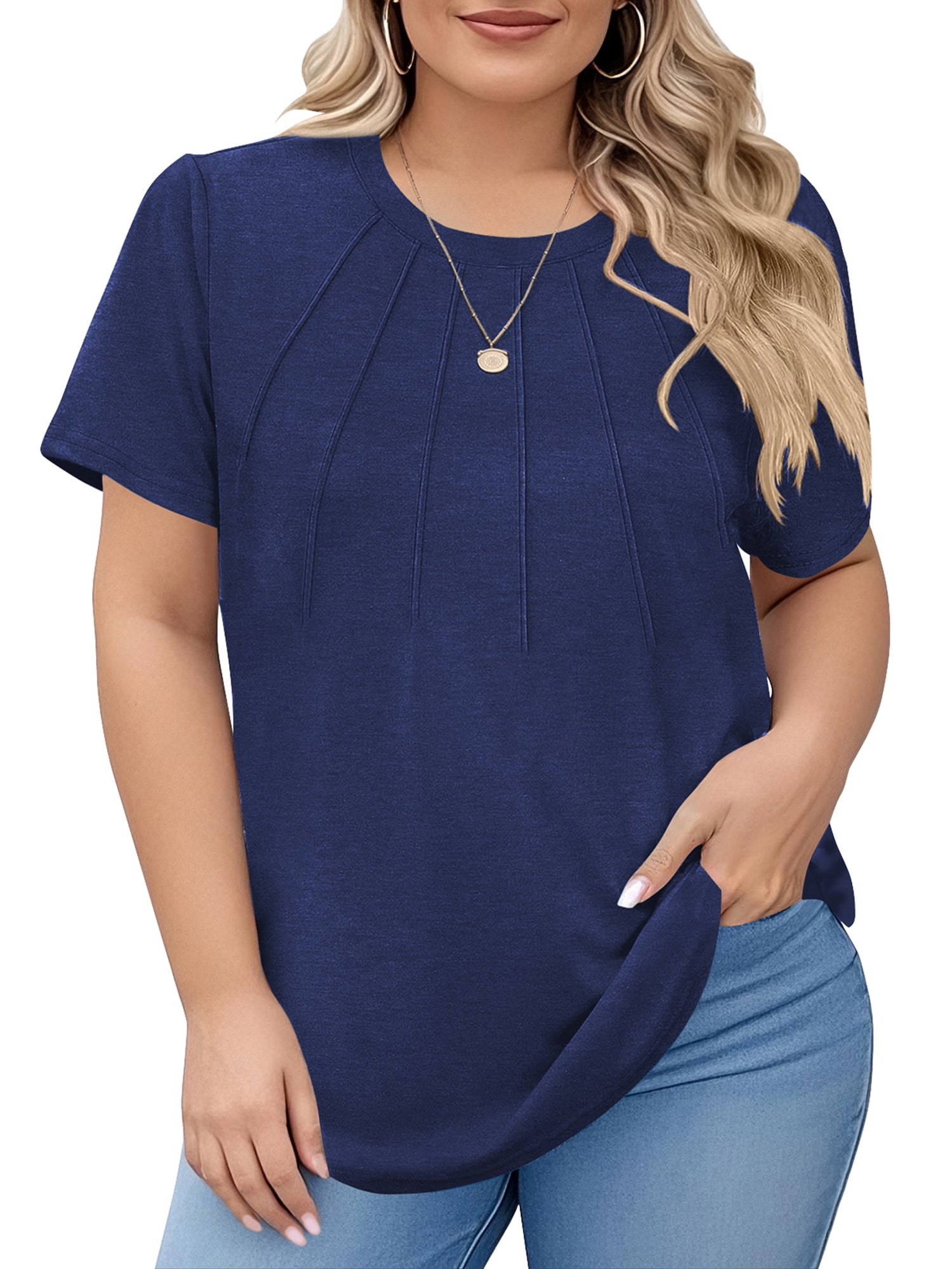 LANREMON Plus Size Tops for Women Summer Crew Neck Pleated Solid T ...