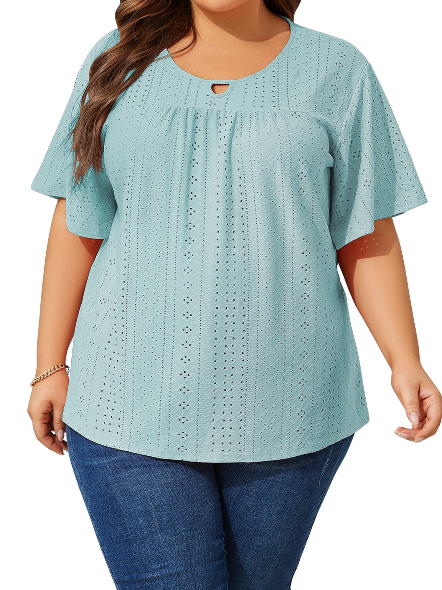 LANREMON Womens Plus Size Tops Summer Tshirts for Women Blue Eyelet ...