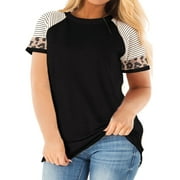 LANREMON Womens Plus Size Tops Summer t shirts Short Sleeve Leopard Crewneck Color Block Tunic Tops for Women Clothes Casual Blouse Black Oversized Tee Shirts Size 24 Plus