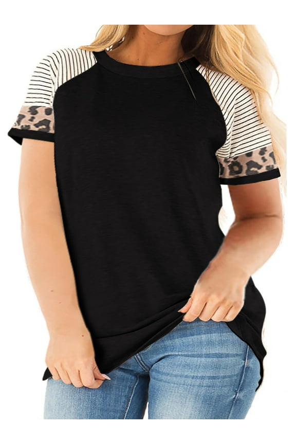 Womens Plus Size Tops Summer t shirts Short Sleeve Leopard Crewneck Color Block Tunic Tops for Women Clothes Casual Blouse Black Oversized Tee Shirts Size 24 Plus