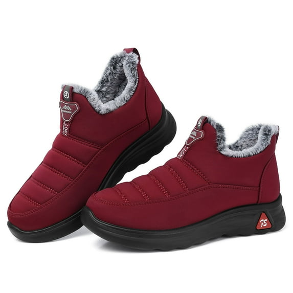 LANREMON Womens Snow Winter Boots Hiking Booties Non Slip Ankle Boots Waterproof Shoes for Women Red Faux Fur Sneakers