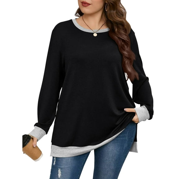 LANREMON Womens Tops Long Sleeve Shirts for Women Plus Size Womens Clothes Crew Neck Fall Tops for Womens Plus Size Tops Lightweight Winter Black 2XL