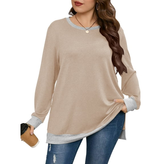 LANREMON Womens Tops Long Sleeve Shirts for Women Plus Size Womens Clothes Fall Tops for Women Basic Crew Neck Tops for Women Winter Khaki 2XL