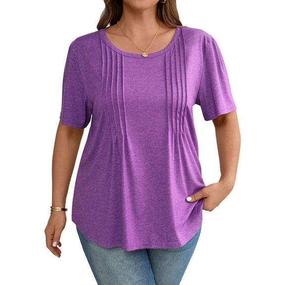 LANREMON Womens Tops Plus Size Short Sleeve Loose Top Crew Neck Top Basic Cotton T Shirts for Women Casual Summer Clothes Purple 4XL