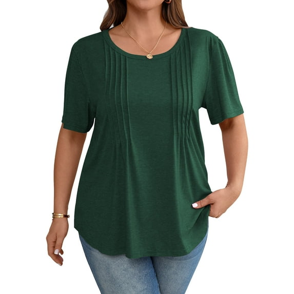 LANREMON Womens Tops Plus Size Short Sleeve Tops Summer Loose Basic Scoop Neck Cotton Top for Women for Ladies Women Shirts Dark Green XL