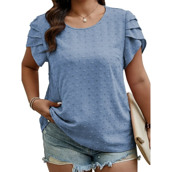 LANREMON Womens Tops Plus Size Short Sleeve Tops Summer Loose Basic Scoop Neck Top for Women for Ladies Women Top Blue Round Neck XXL