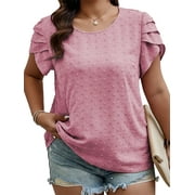 LANREMON Womens Tops Short Sleeve Summer Plus Size Casual Tops for women Basic Round Neck Top for Ladies Women Loose T Shirt Pink XXXL