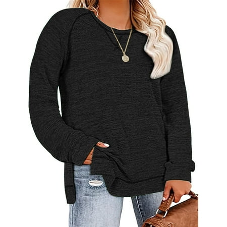 LANREMON Womens plus size tops long sleeve shirts tunic crew neck sweatershirts fashion 2024 fall Oversized Flowy Blouse Casual clothes Black