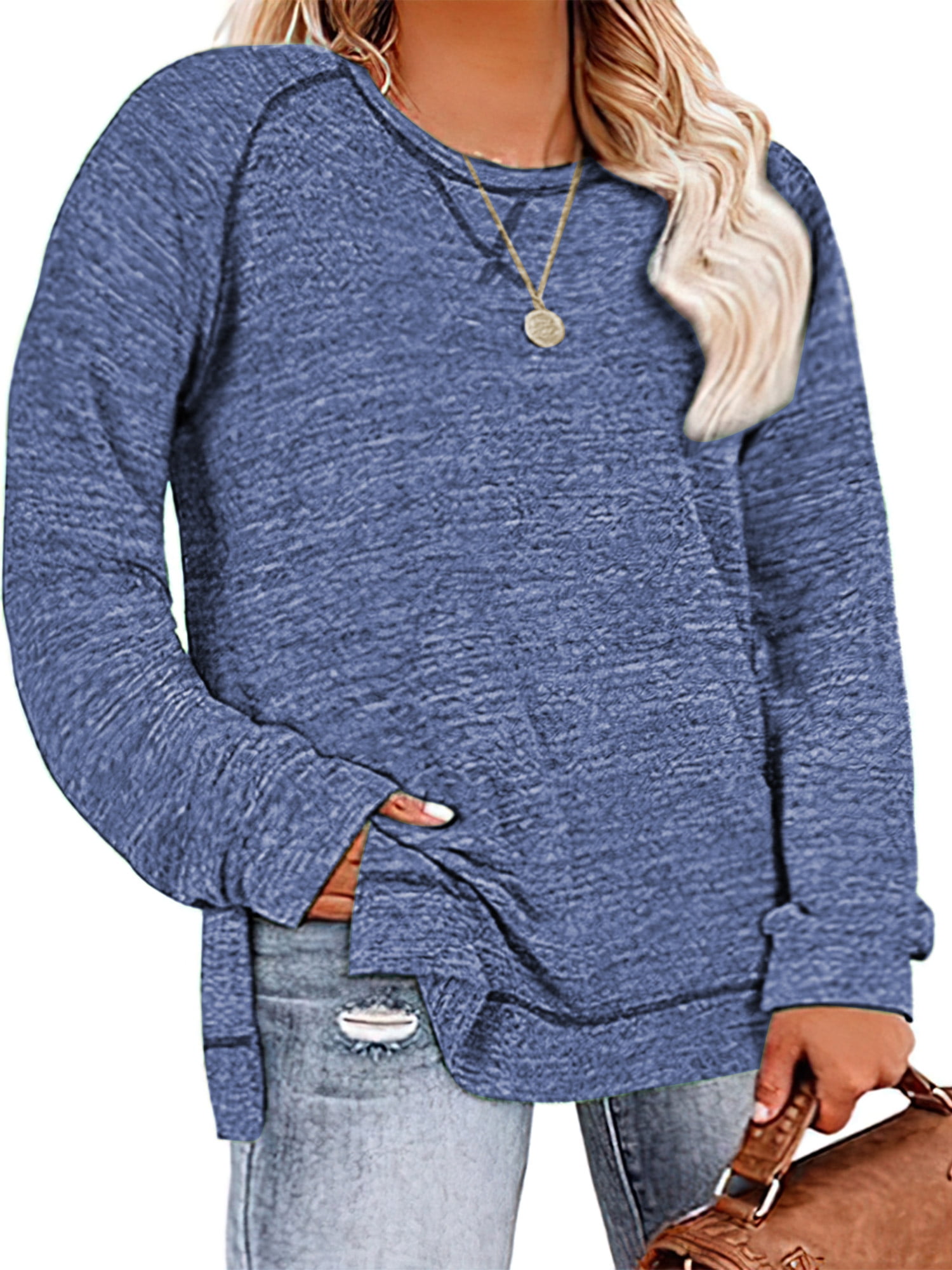 LANREMON Womens plus size tops long sleeve shirts tunic fall Blouse Side Split Pullover crew neck shirts fashion 2024 Oversized Flowy Casual clothes blue