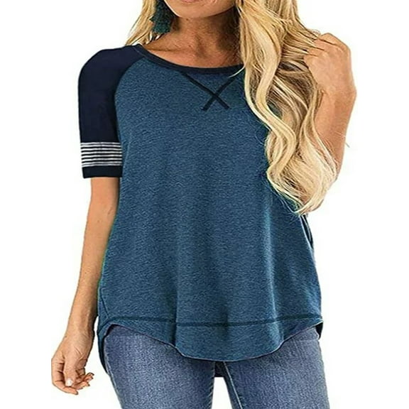 LANREMON women Plus Size T shirts summer tops for Women Short Sleeve Color Block Loose T Shirts Casual Crew Neck Striped Blue Blouse Tee Size 20 Plus