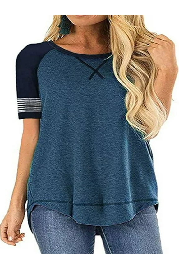 women Plus Size T shirts summer tops for Women Short Sleeve Color Block Loose T Shirts Casual Crew Neck Striped Blue Blouse Tee Size 20 Plus