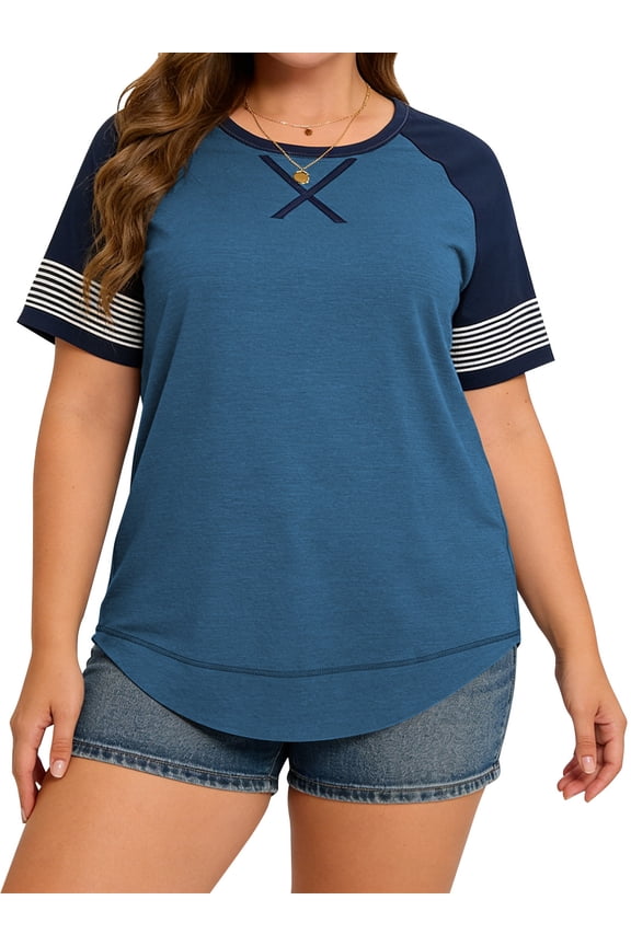 Women Plus Size T shirts summer tops for Women Short Sleeve Color Block Loose T Shirts Casual Crew Neck Striped Blue Clothes Tee Size 22 Plus