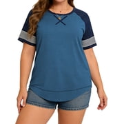 LANREMON Women Plus Size T shirts summer tops for Women Short Sleeve Color Block Loose T Shirts Casual Crew Neck Striped Blue Clothes Tee Size 26 Plus