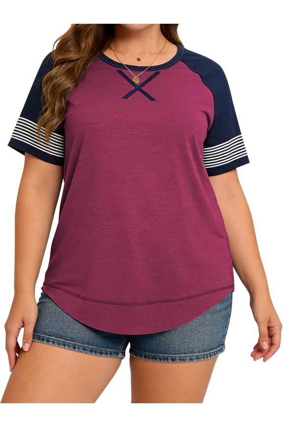 women Plus Size Tunic Tops for Women t shirts Summer Casual Loose Short Sleeve Shirts Color Block Clothes Pink 20 Plus