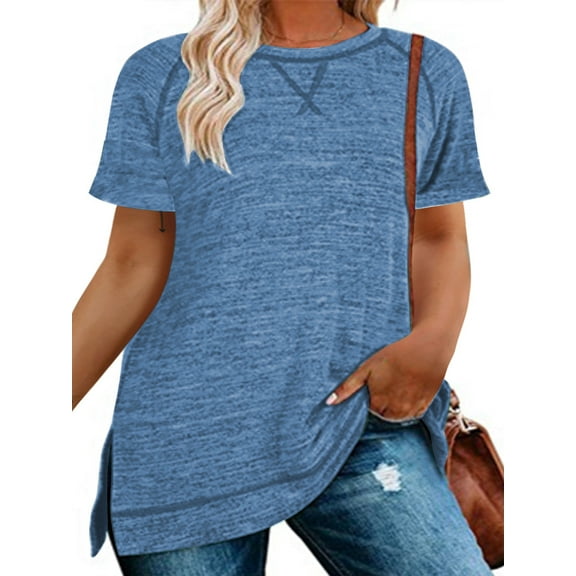 LANREMON women plus size t shirts Summer tops Short Sleeve Oversized Flowy Casual Cute Round Neck Side Split Plus Size Tunic Tops Blouse Blue 18 Plus