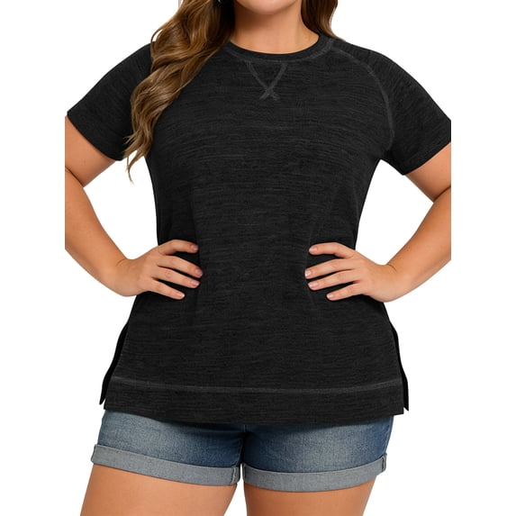 LANREMON Women plus size tops Summer t shirts Short Sleeves for Women Plus Size Casual Crew Neck Tshirts Side Split Oversized Tunic Tops Black Blouse 16 Plus