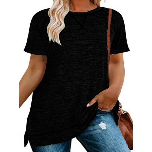 LANREMON women plus size tops Summer t shirts Short Sleeves for Women Plus Size Casual Crew Neck Tshirts Side Split Oversized Tunic Tops Black Blouse 22 Plus