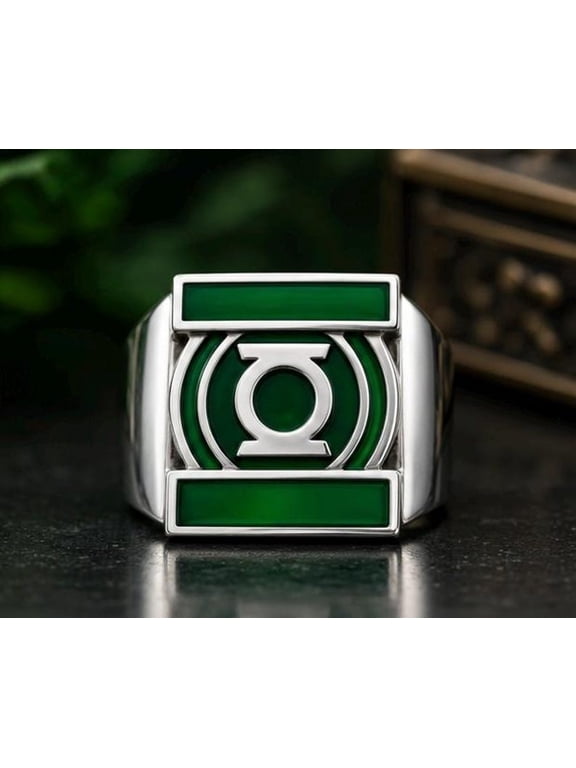 LANTERN POWER ring Replica. Green Enamel Silver Tone Brass black Oxidized Ring Gothic statement superhero ring Size US 5