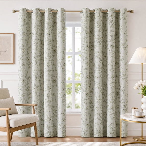 LANTINGSHENG 100% Blackout Curtain for Living Room Bedroom,Grommet Top Thermal Insulated Green Floral Printed,56"W x 95"L,2 Panels