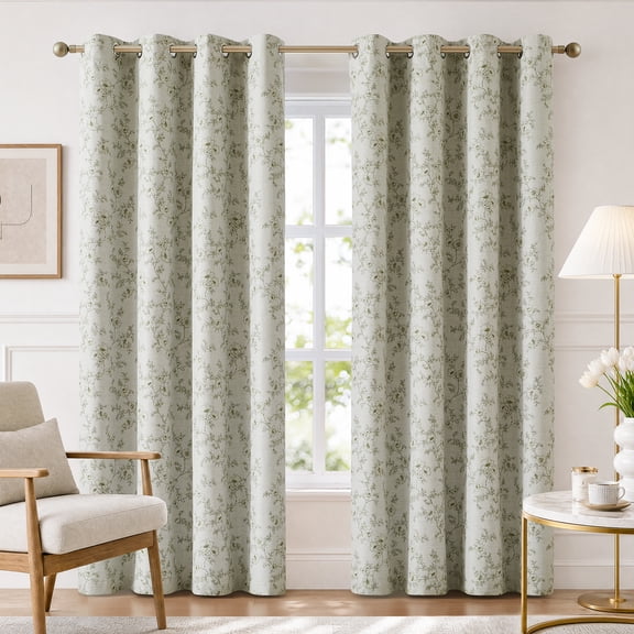 LANTINGSHENG 100% Blackout Curtain for Living Room Bedroom,Grommet Top Thermal Insulated Green Floral Printed,56"W x 84"L,2 Panels