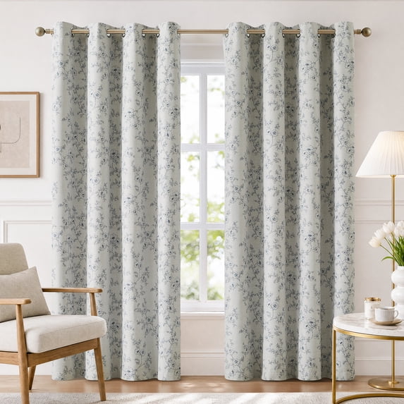 LANTINGSHENG 100% Blackout Curtain for Living Room Bedroom,Grommet Top Thermal Insulated Blue Floral Printed,56"W x 84"L,2 Panels
