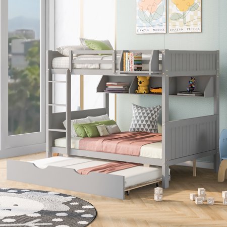 LANTRO JS Full-Over-Full Bunk Bed with Twin size Trundle , Separable Bunk Bed with Bookshelf for Bedroom-Gray