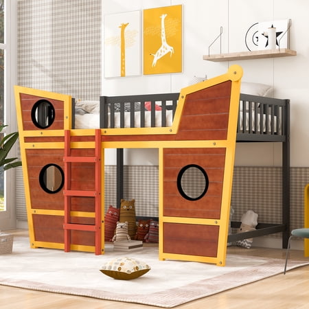 LANTRO JS Full Size Boat Shape Loft Bed with Ladder-Walnut