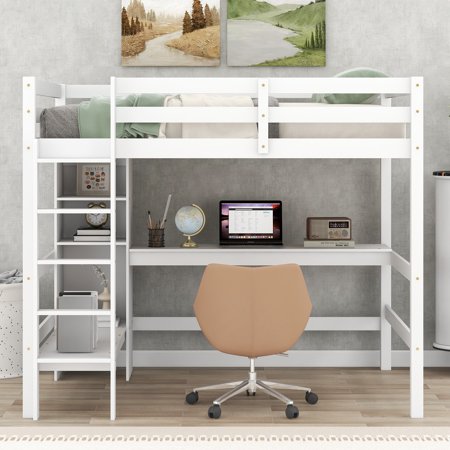 LANTRO JS Full Size Loft Bed with Storage Shelves and Under bed Desk