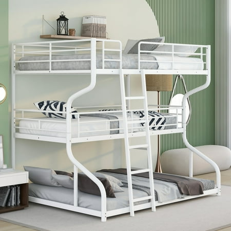 LANTRO JS Full XL over Twin XL over Size Triple Bunk Bed with Long and Short Ladder,White