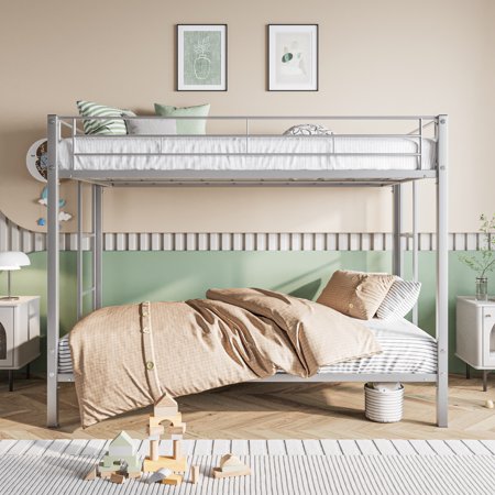 LANTRO JS Metal Bunk Bed Twin Over Twin, Heavy Duty Twin Bunk Beds with shelf and Slatted Support No Box Spring Needed Silver