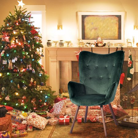 LANTRO JS Modern Wingback Accent Armchair Living Room Tufted Velvet Upholstery, DARK GREEN