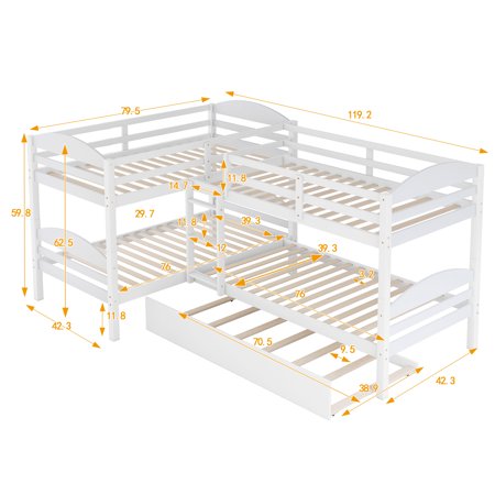 LANTRO JS Twin L Shaped Bunk bed with Trundle White(OLD SKU:LP000024AAK)