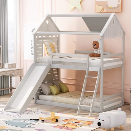 LANTRO JS Twin Over Twin Bunk Bed Wood Bed with Roof, Window, Slide, Ladder ,Antique White(OLD SKU:LP000059AAK)