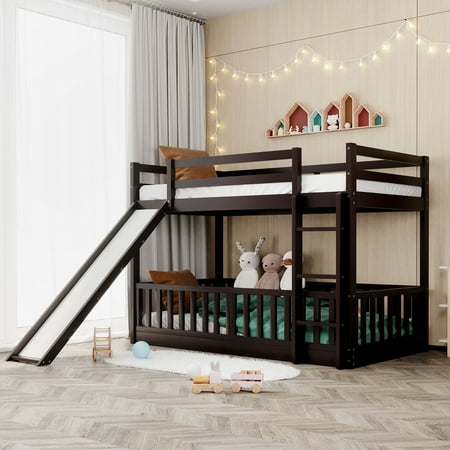 LANTRO JS Twin Over Twin Bunk Bed with Slide and Ladder, Espresso(Old SKU:LP000009AAP)