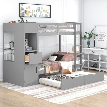 LANTRO JS Twin Size Bunk Bed with Trundle and Attached Multifunctional Locker, Gray