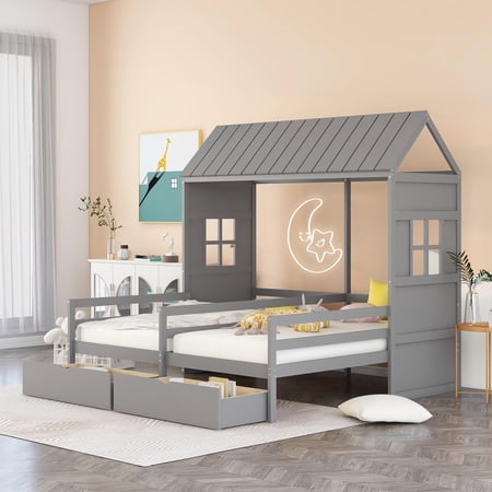 LANTRO JS Twin Twin House Bed with 2 Drawers, Gray