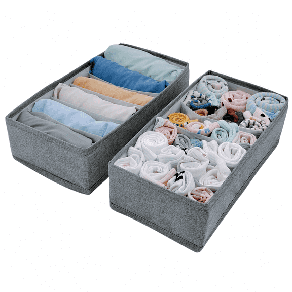 LANTWOO 2 Pack Sock Underwear Drawer Organizer Dividers, Collapsible Cabinet Closet Storage Boxes for Clothes, Socks, Lingerie, Underwear, Tie, Belt, Baby, Bedroom (Grey)